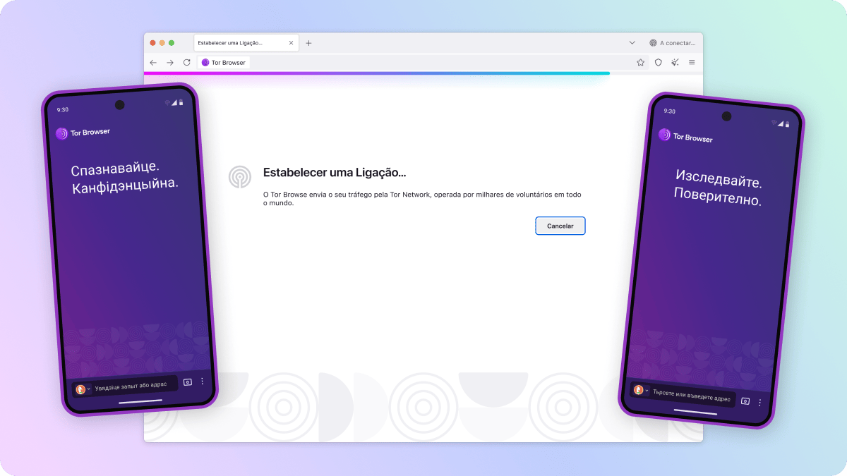 Multiple screenshots showcasing Tor Browser for Desktop and Android in the Belarusian, Bulgarian and Portuguese languages